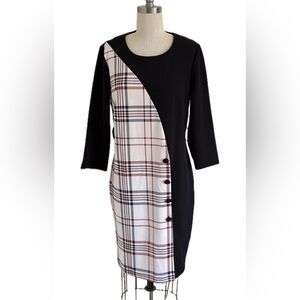 Glamour sheath dress with 3/4 sleeves plaid panel 4 buttons Elegant and stretchy